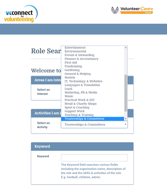 Screenshot of Volunteer Connect Trustee role search