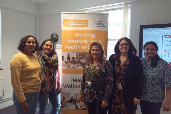 Pictured from L to R: Dr Vidhya Thiagamoorthy, Dr Laura Rodriguez-Benito, Nadine Wyatt, Anita Maullin (CEO of Volunteer Centre Sutton), Lisha Varghese, Project Lead.