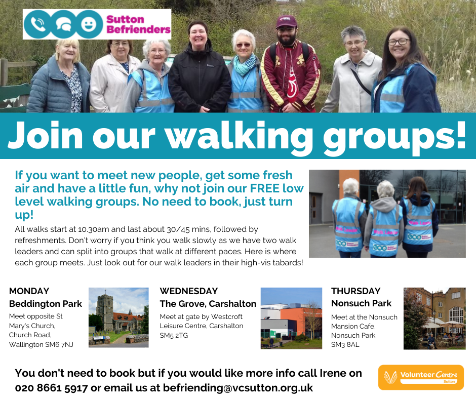 Sutton Befrienders Walking Groups poster July 2021